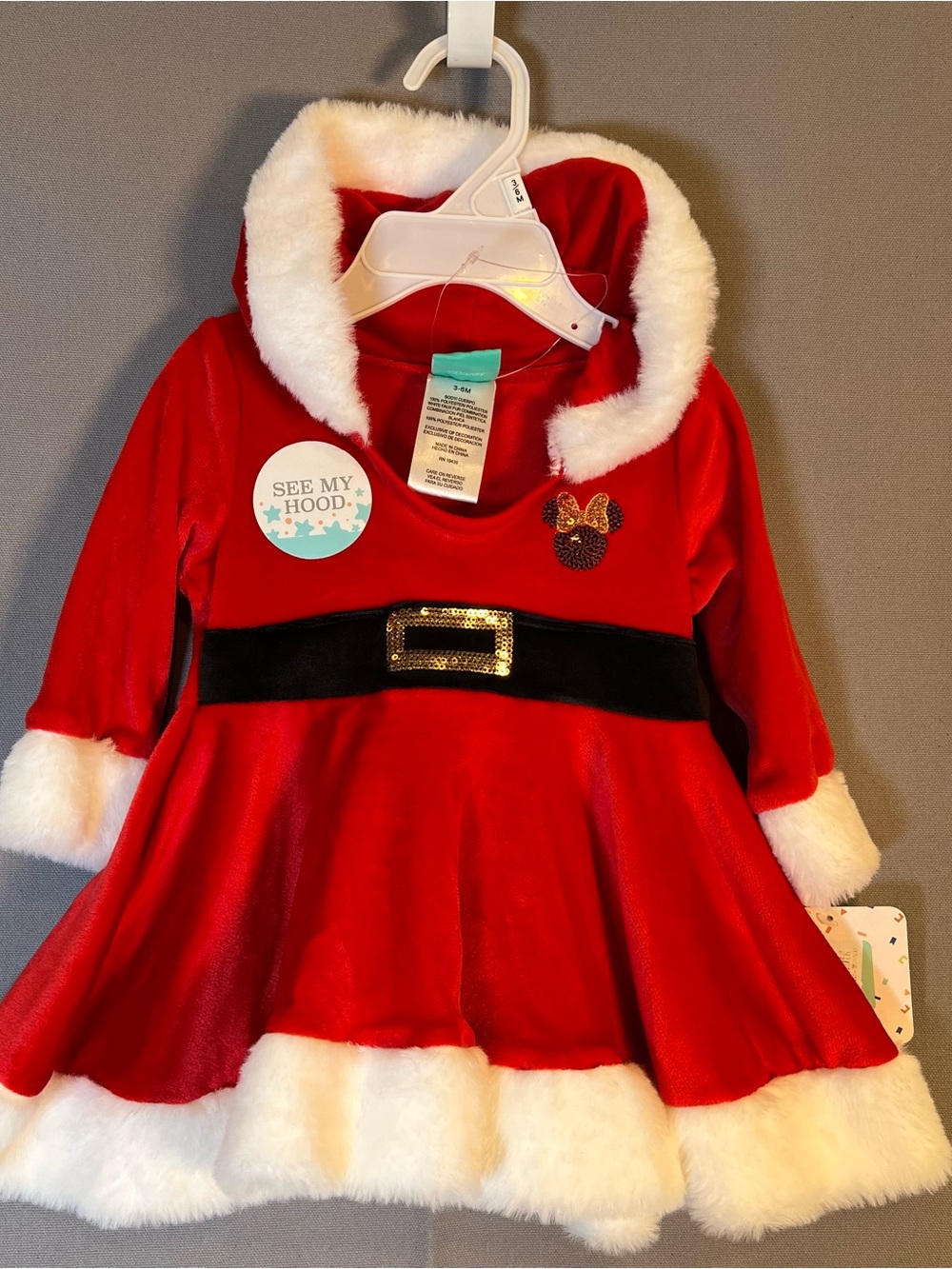 Disney Baby NWT Red Santa-Style Girls' Velour Dress with Hood & Mickey Ears